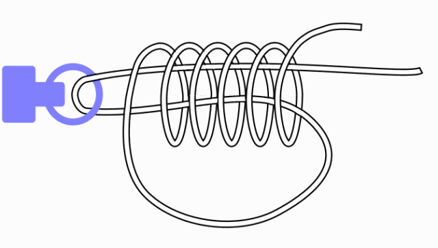 ユニノットの結び方。多く巻いても引張強度は上がりません。